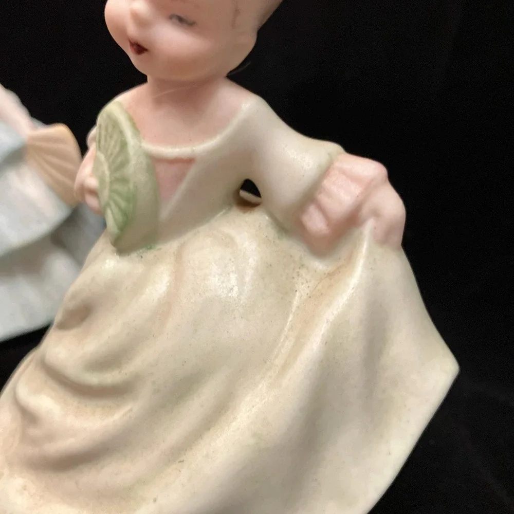 VTG 1960s Mallory Ceramic Figurine Set 2 Blue & Yellow Southern Belle Hand Fans